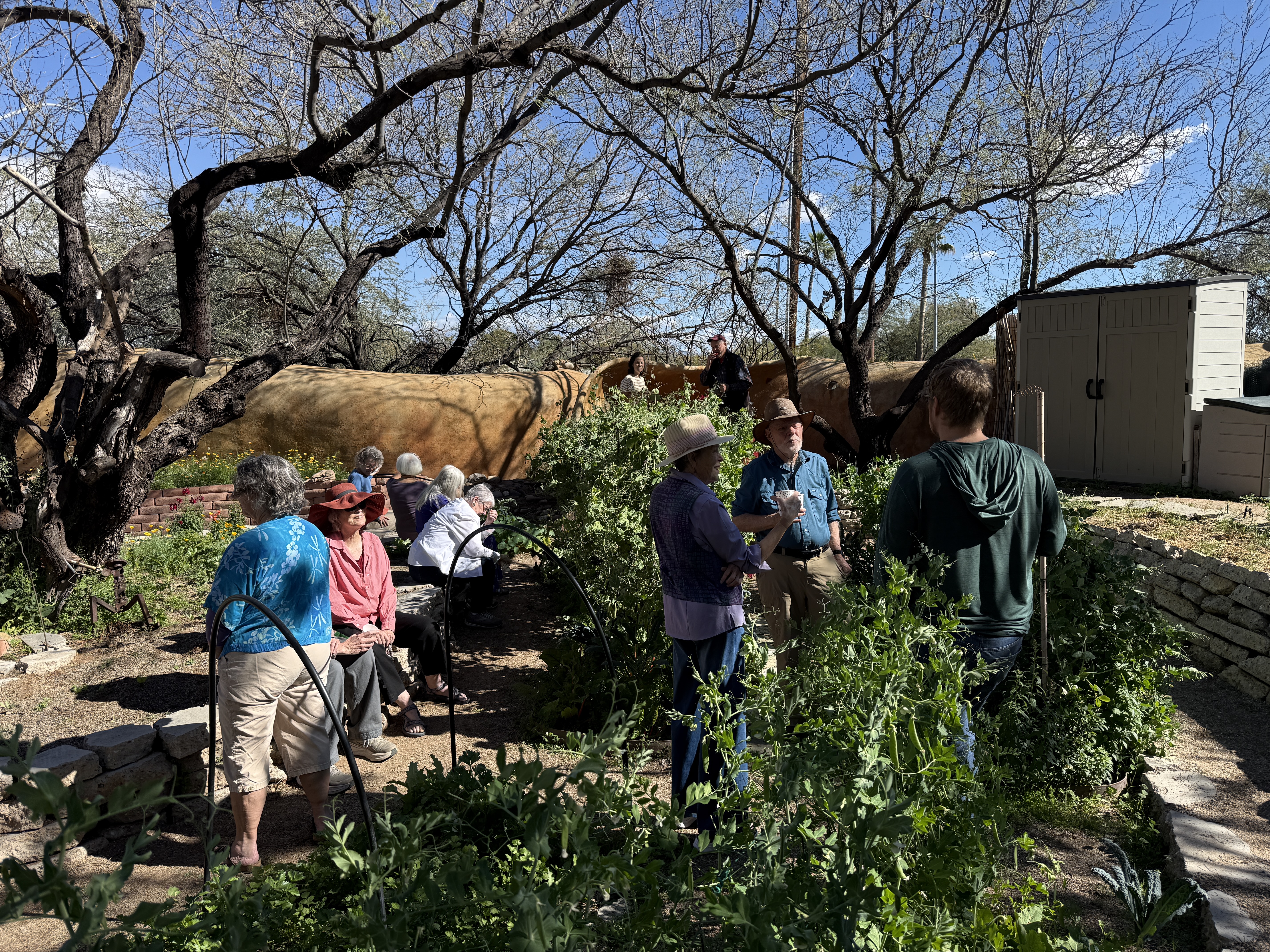 Neighbors chatting in the community garden